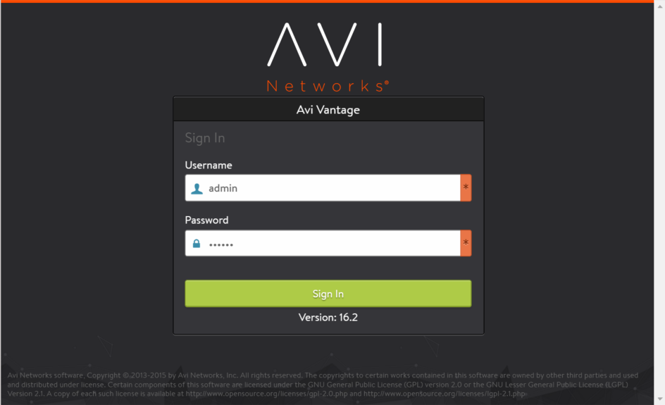 web-int-login Avi Vantage Controller login screen