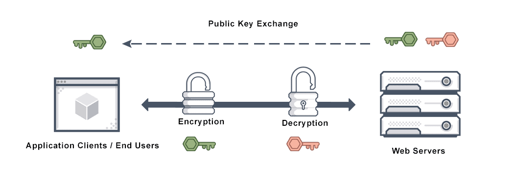Diagram depicts SSL security from application clients and end users to web servers through public key exchange.